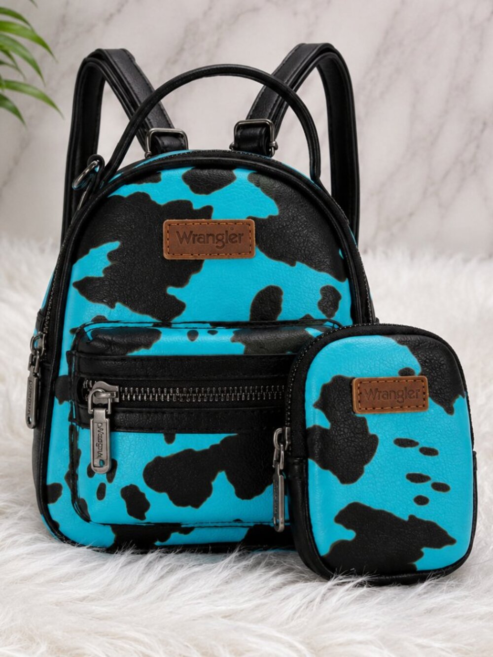Wrangler Turquoise Cow Print Mini Backpack with Matching Pouch